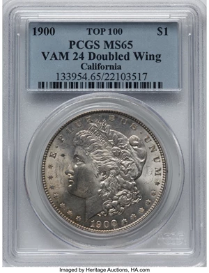 image for: 1900 $1 Doubled Wing, VAM-24, Top-100, MS65 PCGS. Ex: California. PCGS Population: (19/5). NGC Census: (7/1). CDN: $280 Whsl...