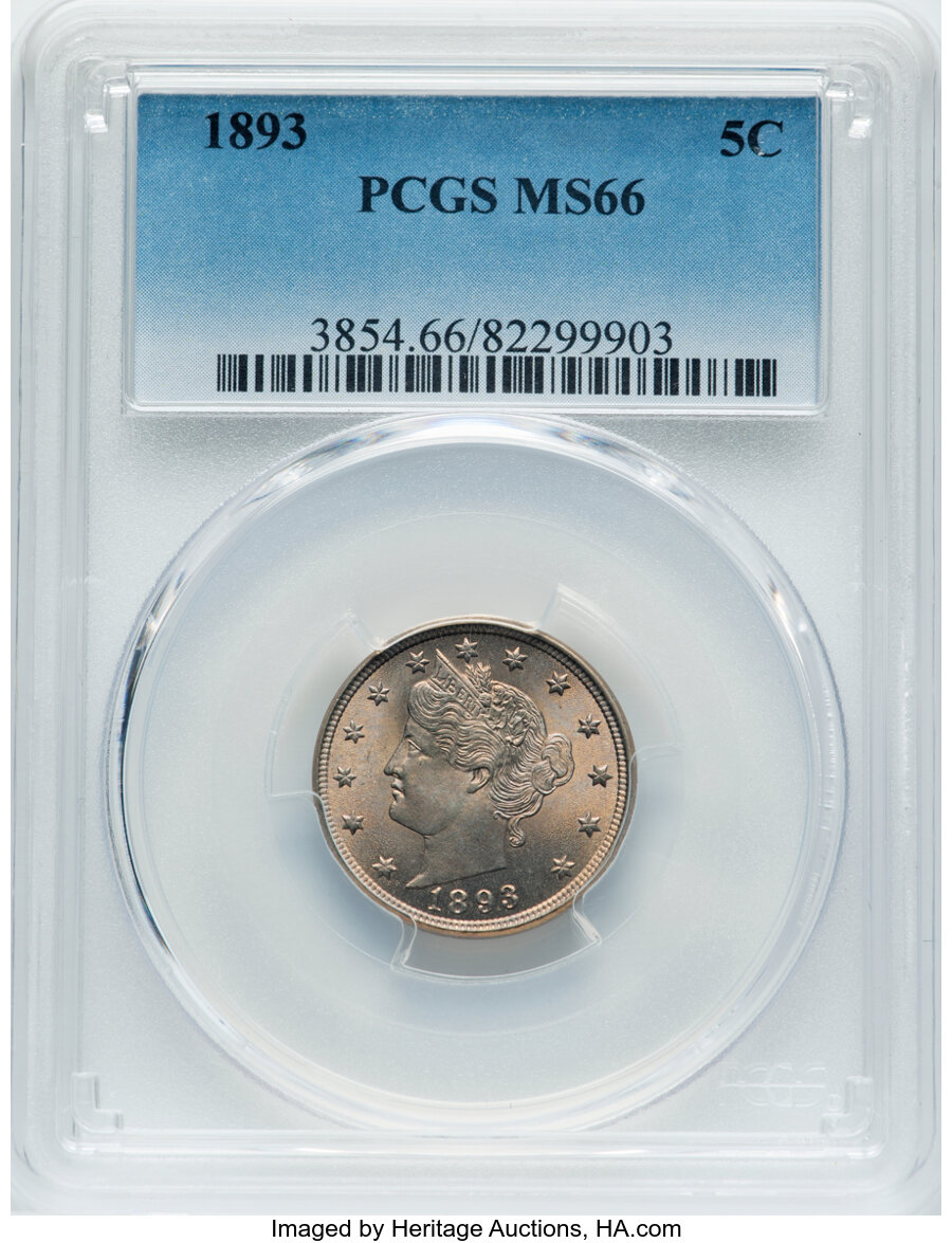 1893 5C MS66 PCGS. PCGS Population: (35/3). NGC Census: (7/2). CDN: $850 Whsle. Bid for NGC/PCGS MS66. Mintage 13,370,195. ...