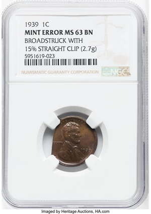image for: 1939 1C Lincoln Cent -- Broadstruck with 15% Straight Clip -- MS63 Brown NGC. (2.7 grams)....