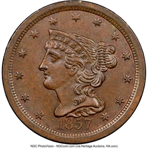 image for: 1857 1/2 C C-1, B-1, R.2, MS65 Brown NGC. NGC Census: (13/2). PCGS Population: (3/0). CDN: $1,300 Whsle. Bid for NGC/PCGS M...