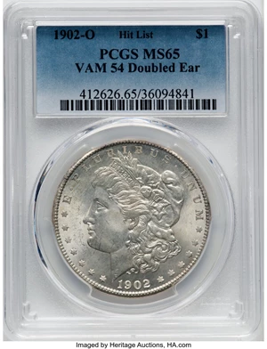 image for: 1902-O $1 Doubled Ear, VAM-54, MS65 PCGS. Hit List. PCGS Population: (4/1). NGC Census: (0/0). MS65. ...