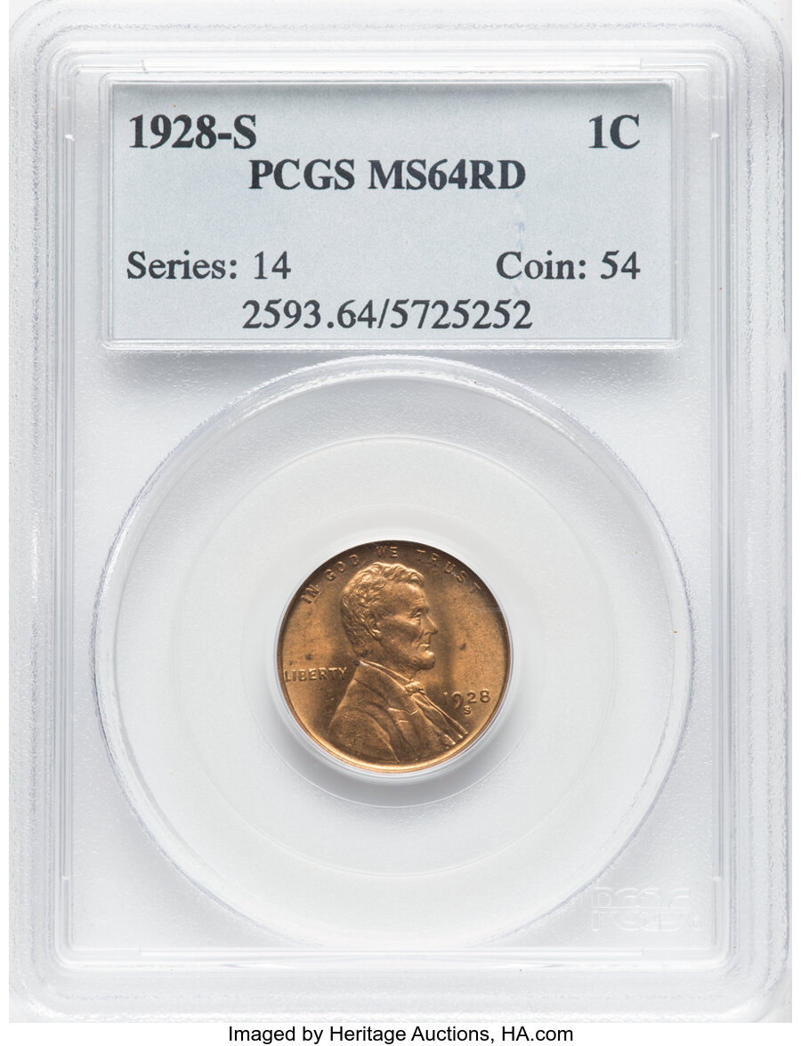 1928-S 1C MS64 Red PCGS. PCGS Population: (172/68). NGC Census: (37/7). CDN: $1,250 Whsle. Bid for NGC/PCGS MS64. Mintage 1...