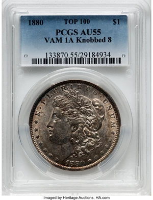 image for: 1880 $1 Knobbed 8, VAM-1A2, Top 100, AU55 PCGS. PCGS Population: (14/15). NGC Census: (8/8). CDN: $400 Whsle. Bid for NGC/P...
