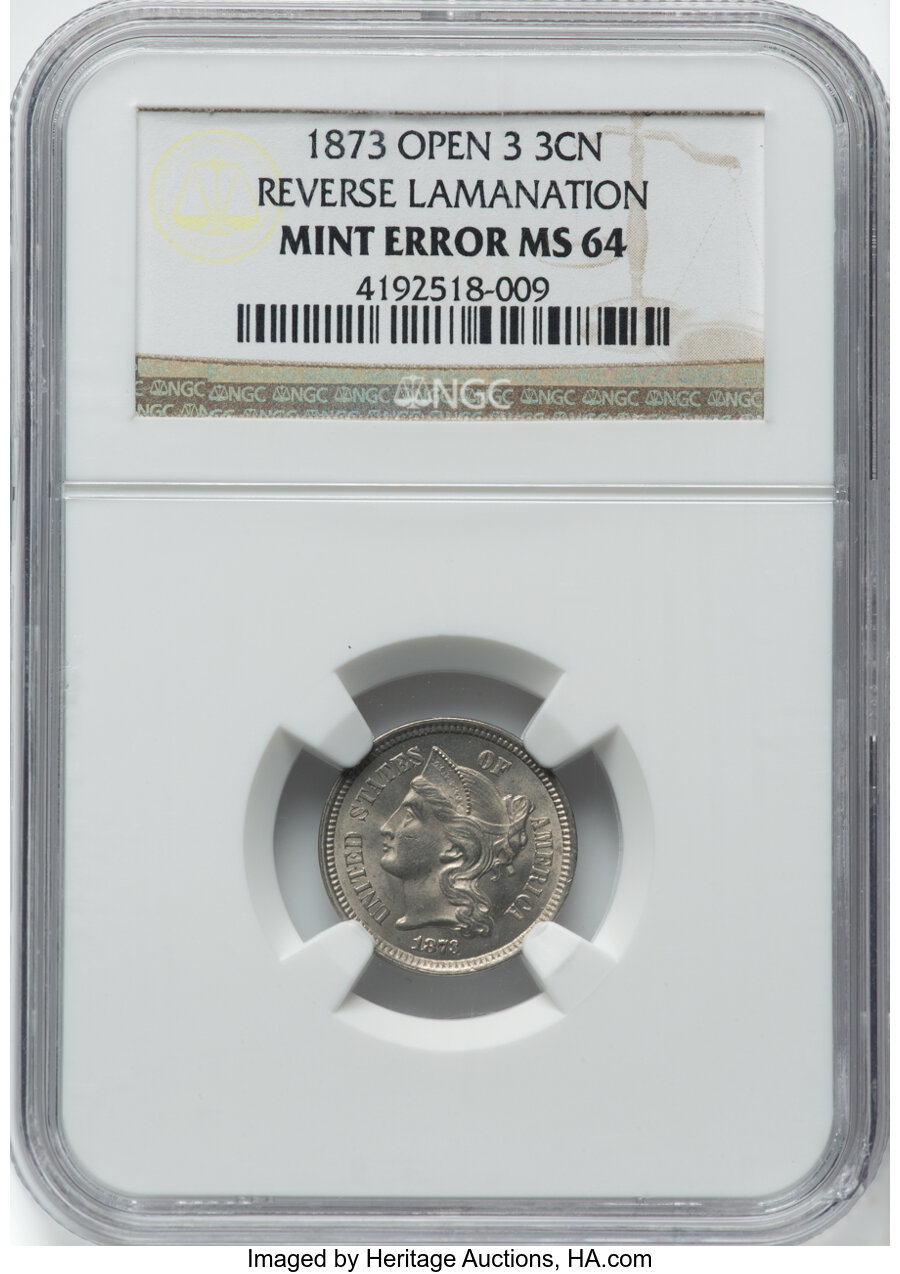 1873 3CN Open 3, Three Cent Nickel -- Reverse Lamination -- MS64 NGC. ...
