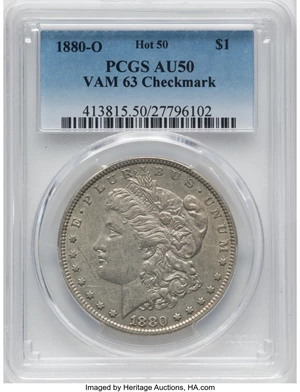 image for: 1880-O $1 VAM-63, Checkmark AU50 PCGS. A Hot 50 Variety. PCGS Population: (3/8). NGC Census: (0/0). AU50. Mintage 5,305,000...