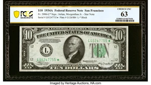 image for: Fr. 2006-L* $10 1934A Federal Reserve Star Note. PCGS Banknote Choice Unc 63....