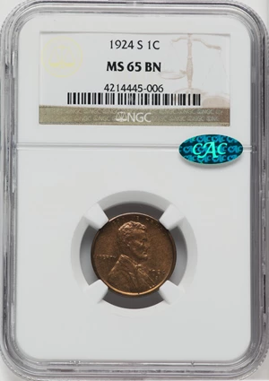 image for: 1924-S 1C MS65 Brown NGC. CAC. NGC Census: (9/0). PCGS Population: (7/1). CDN: $1,400 Whsle. Bid for NGC/PCGS MS65. Mintage...