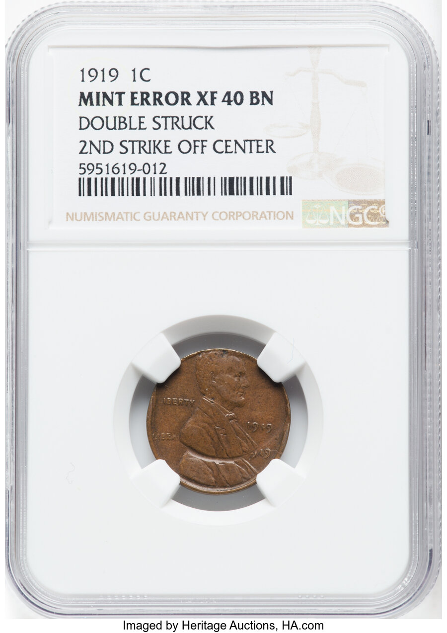 1919 1C Lincoln Cent -- Triple Struck, Third Strike Off Center -- XF40 NGC. ...