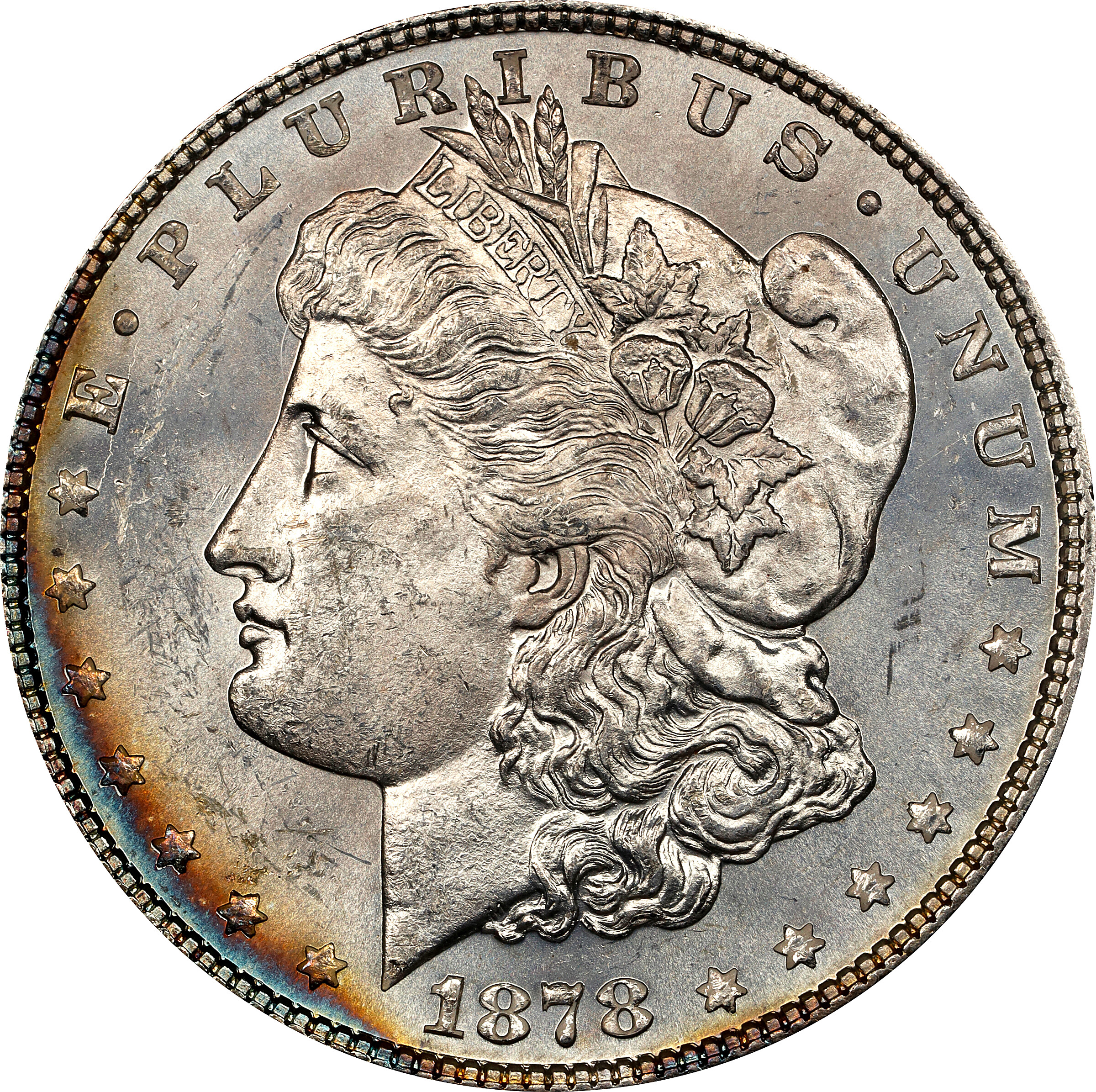 1878 Morgan Silver Dollar. 7/8 Tailfeathers. VAM-31. Weak, 7/0 Tailfeathers, Lines Through Leg. MS-63 (ICG).