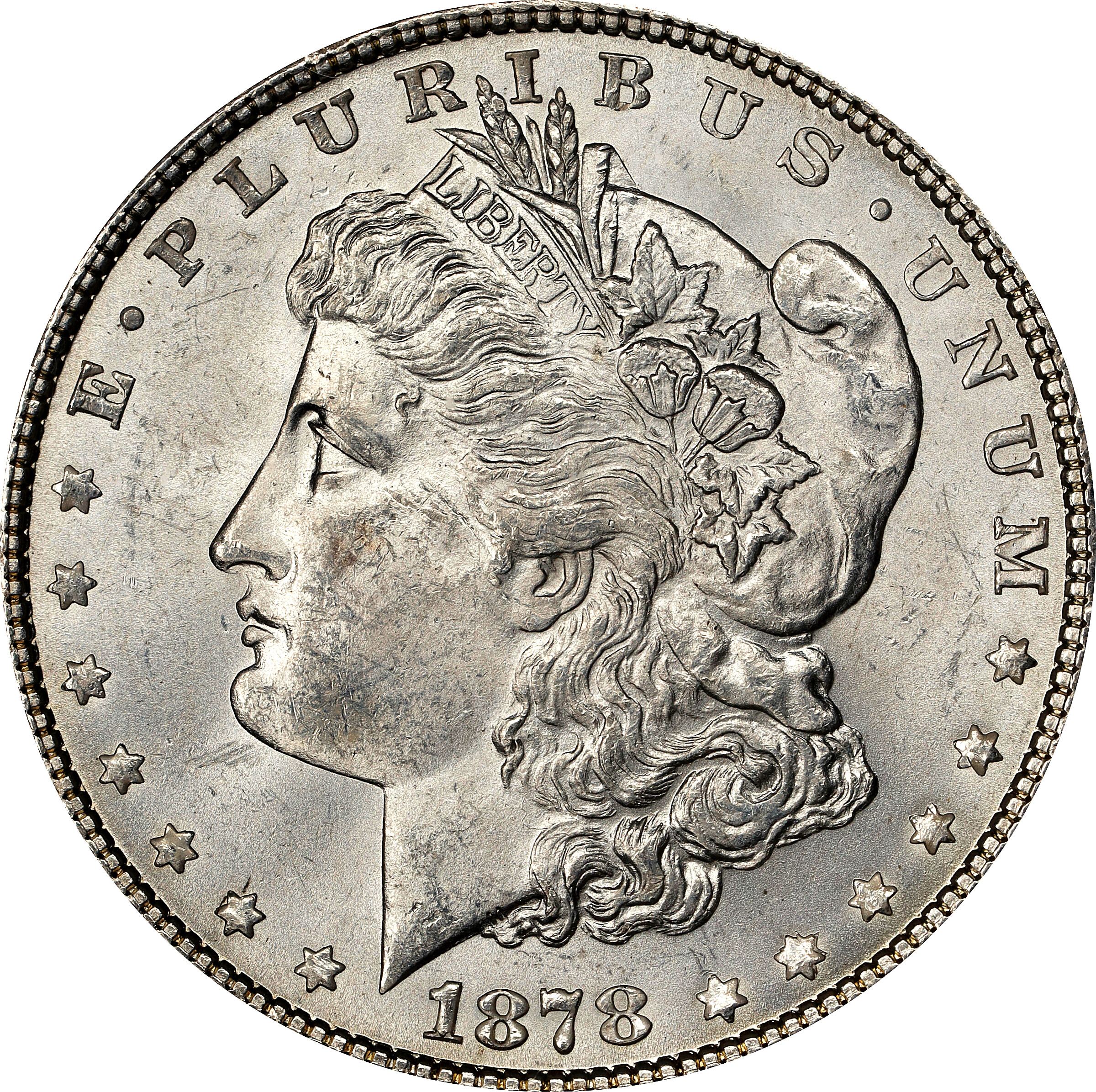 1878 Morgan Silver Dollar. 7 Tailfeathers. Reverse of 1878. VAM-141. Top 100 Variety. Tripled Star. MS-63 (ICG).