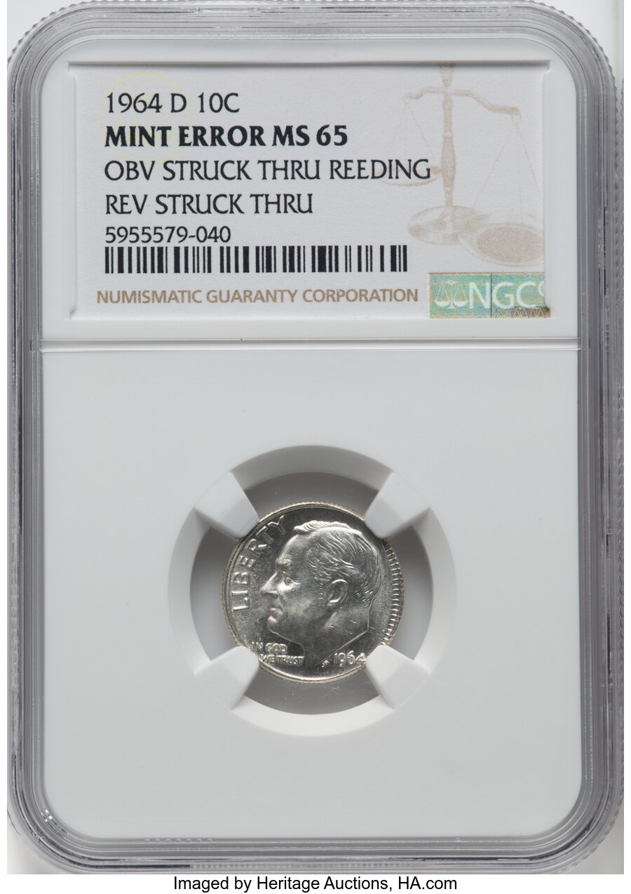 1964-D 10C Roosevelt Dime -- Obverse Struck Thru Reeding Reverse Struck Thru -- MS65 NGC....