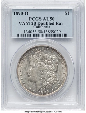 image for: 1890-O $1 Doubled Ear, VAM-20, AU50 PCGS. Ex: California. PCGS Population: (5/12). NGC Census: (0/0). AU50....