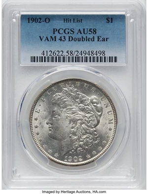 image for: 1902-O $1 Doubled Ear, VAM-43, AU58 PCGS. A Hit List Variety. PCGS Population: (1/21). NGC Census: (0/0)....