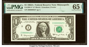 image for: Low Serial Number 25 Fr. 1901-I* $1 1963A Federal Reserve Star Note. PMG Gem Uncirculated 65 EPQ....