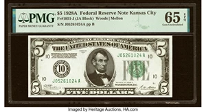 image for: Fr. 1951-J $5 1928A Federal Reserve Note. PMG Gem Uncirculated 65 EPQ....