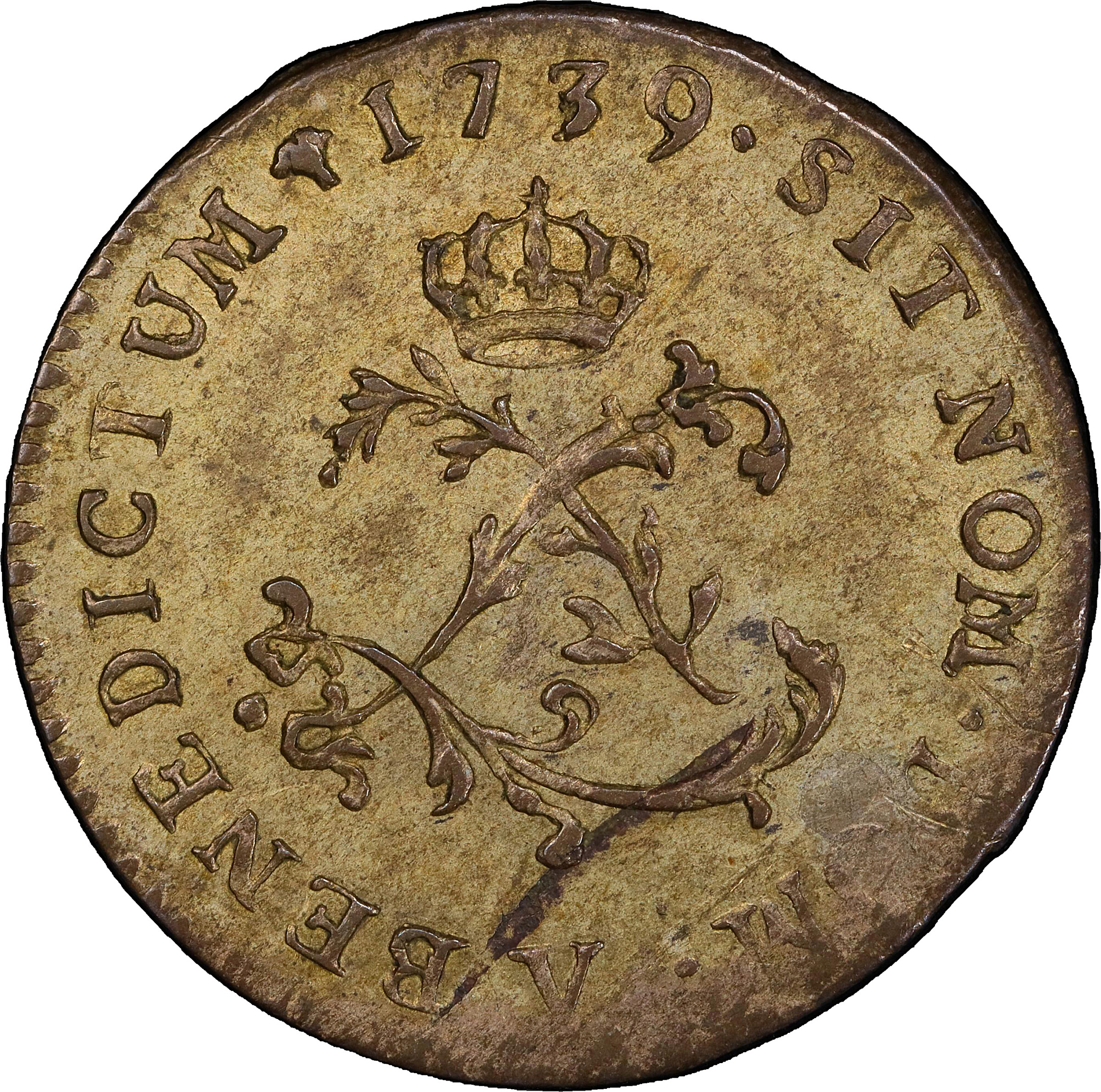 1739-V Sou Marque. Troyes Mint. Vlack-191a. Rarity-8. MS-63 (PCGS).