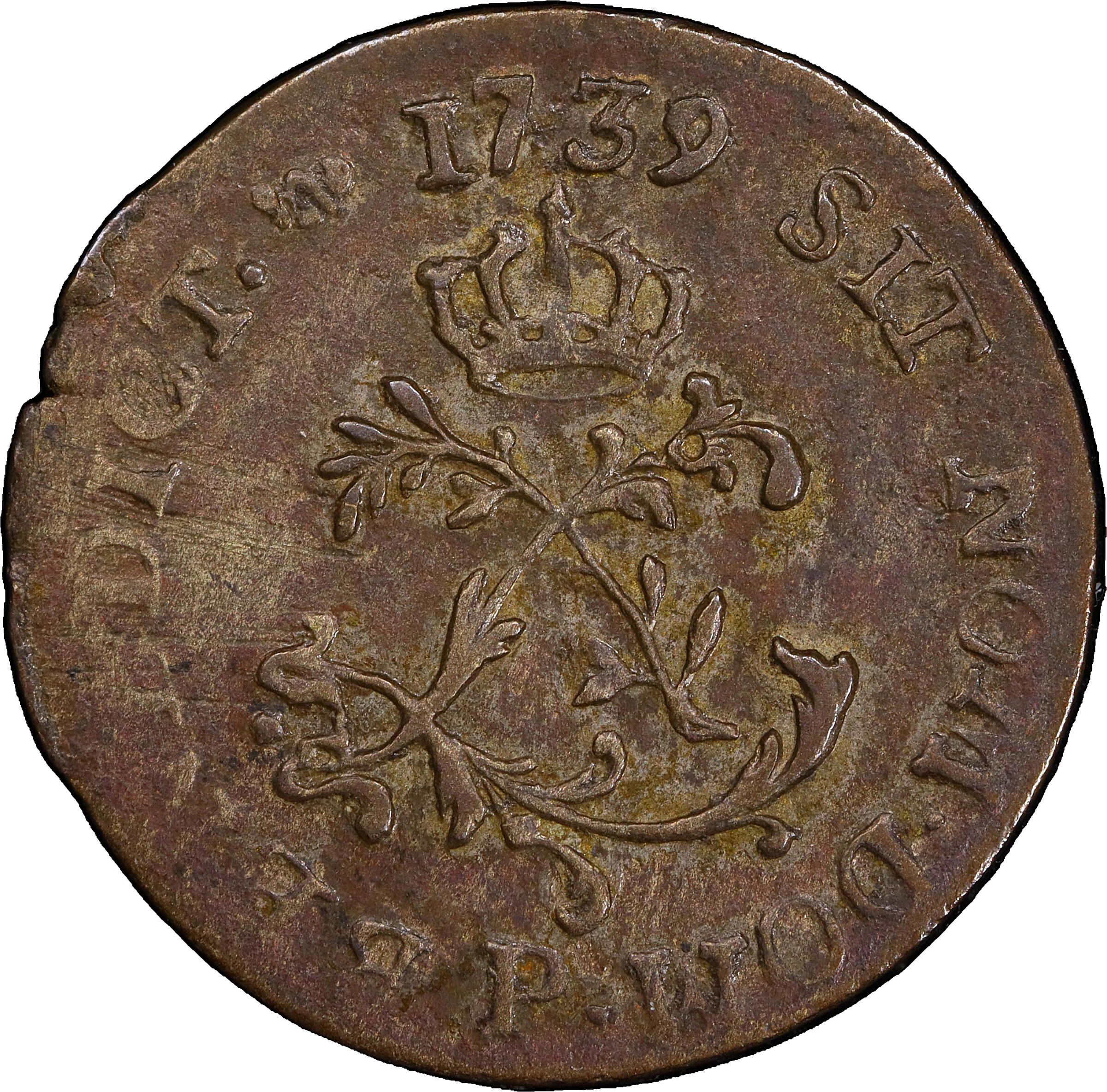 1739-P Half Sou Marque. Dijon Mint. Vlack-309. Rarity-5. EF-40 (PCGS).