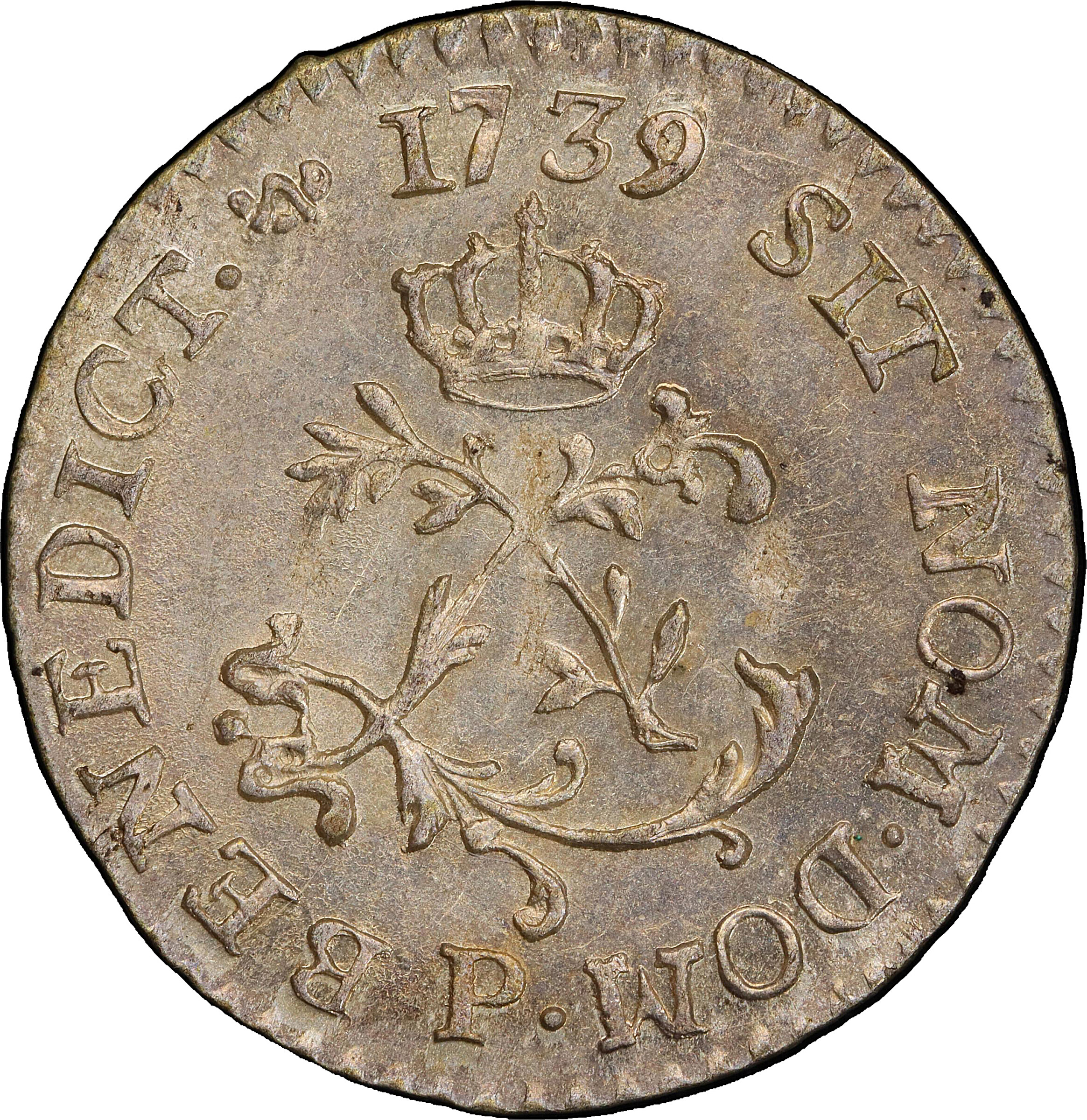 1739-P Half Sou Marque. Dijon Mint. Vlack-309, var. Repunched Date. MS-62 (PCGS).