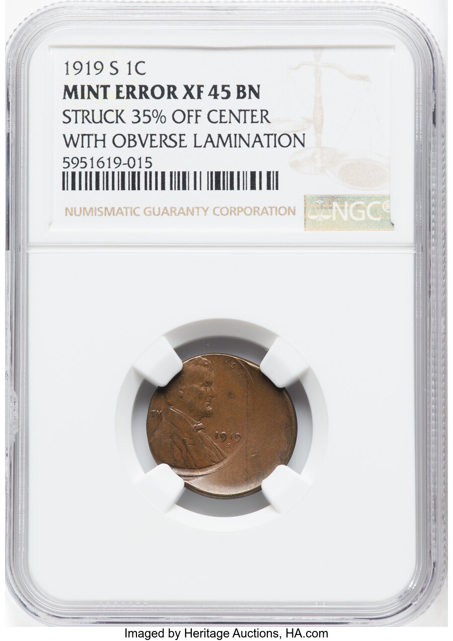 1919-S 1C Lincoln Cent -- Struck 35% Off Center with Obverse Lamination -- XF45 NGC....