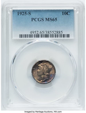 image for: 1925-S 10C MS65 PCGS. PCGS Population: (18/4). NGC Census: (7/6). CDN: $1,200 Whsle. Bid for NGC/PCGS MS65. Mintage 5,850,0...