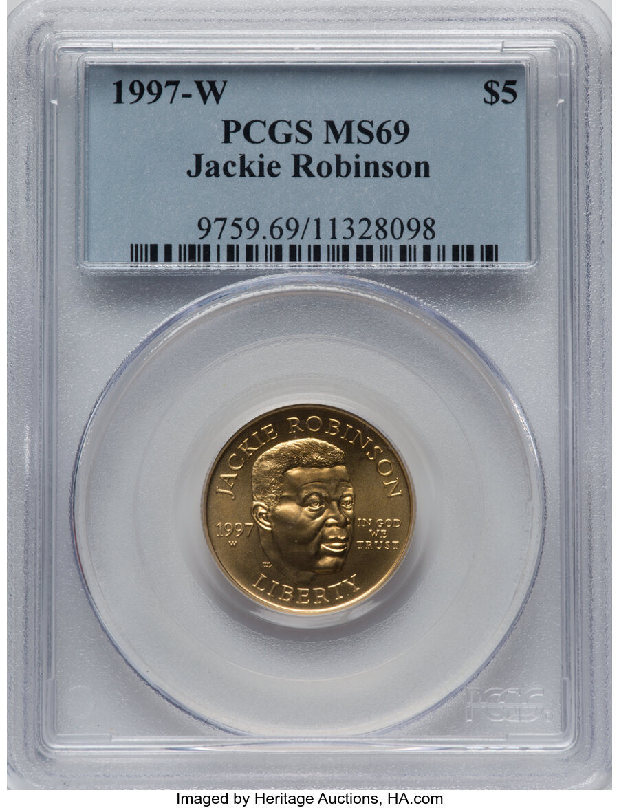 1997-W $5 Jackie Robinson Gold Five Dollar MS69 PCGS. PCGS Population: (1030/97). NGC Census: (618/326). CDN: $650 Whsle. B...