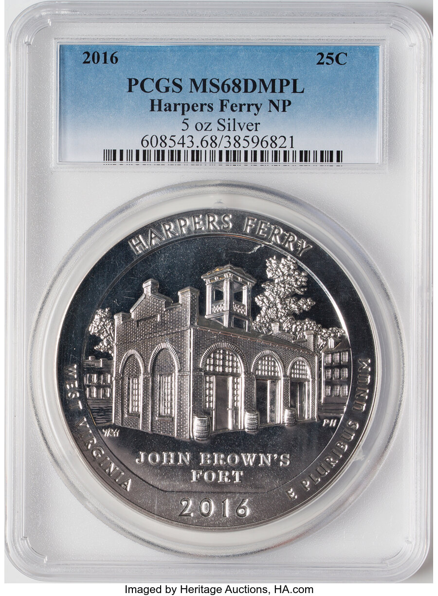 2016 25C Harpers Ferry Five-Ounce Silver MS68 Deep Mirror Prooflike PCGS. PCGS Population: (12/15). NGC Census: (0/305). CD...