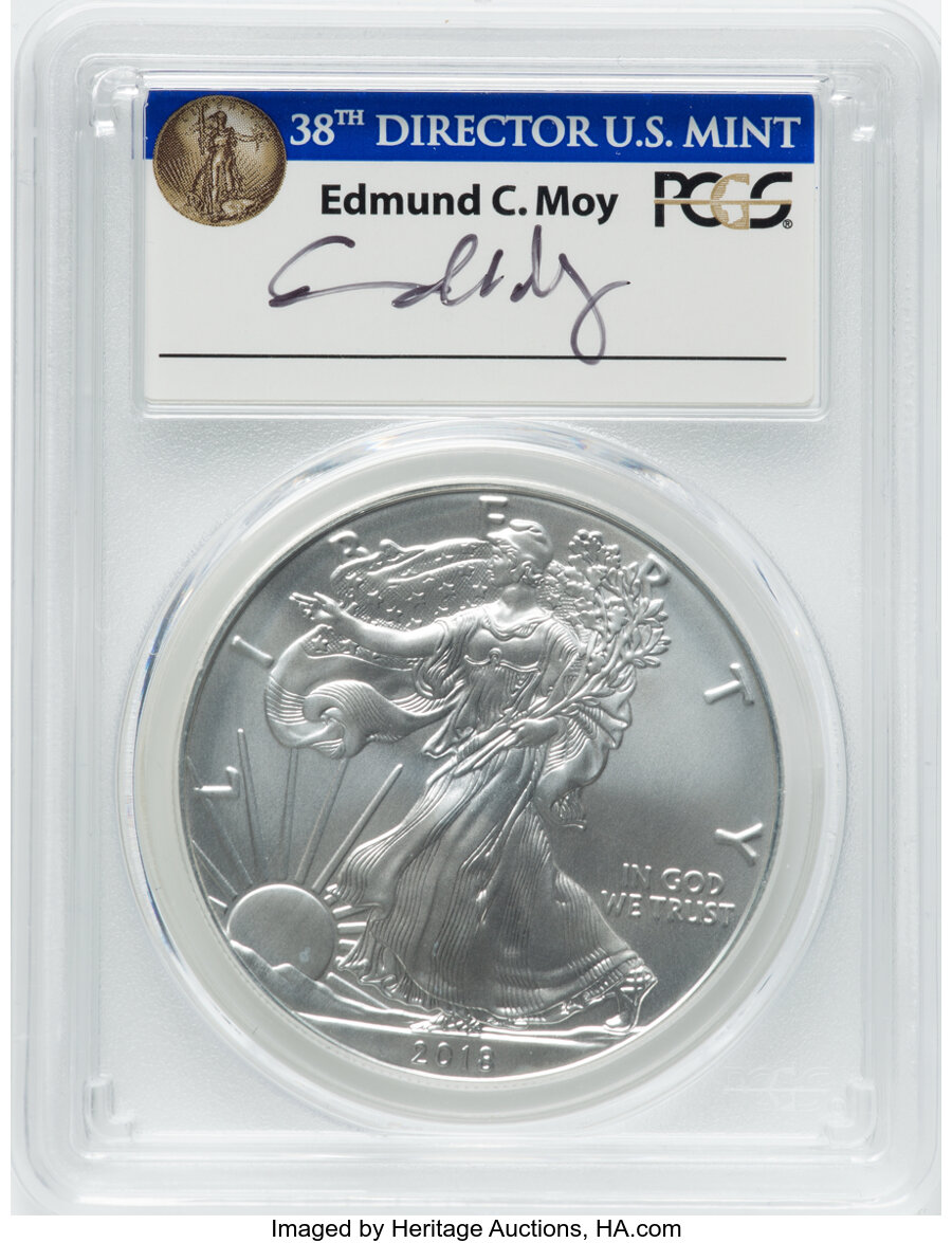 2018-W $1 Silver Eagle, Burnished, First Day of Issue, Washington DC, Moy Signature SP70 PCGS. PCGS Population: (3). NGC Ce...