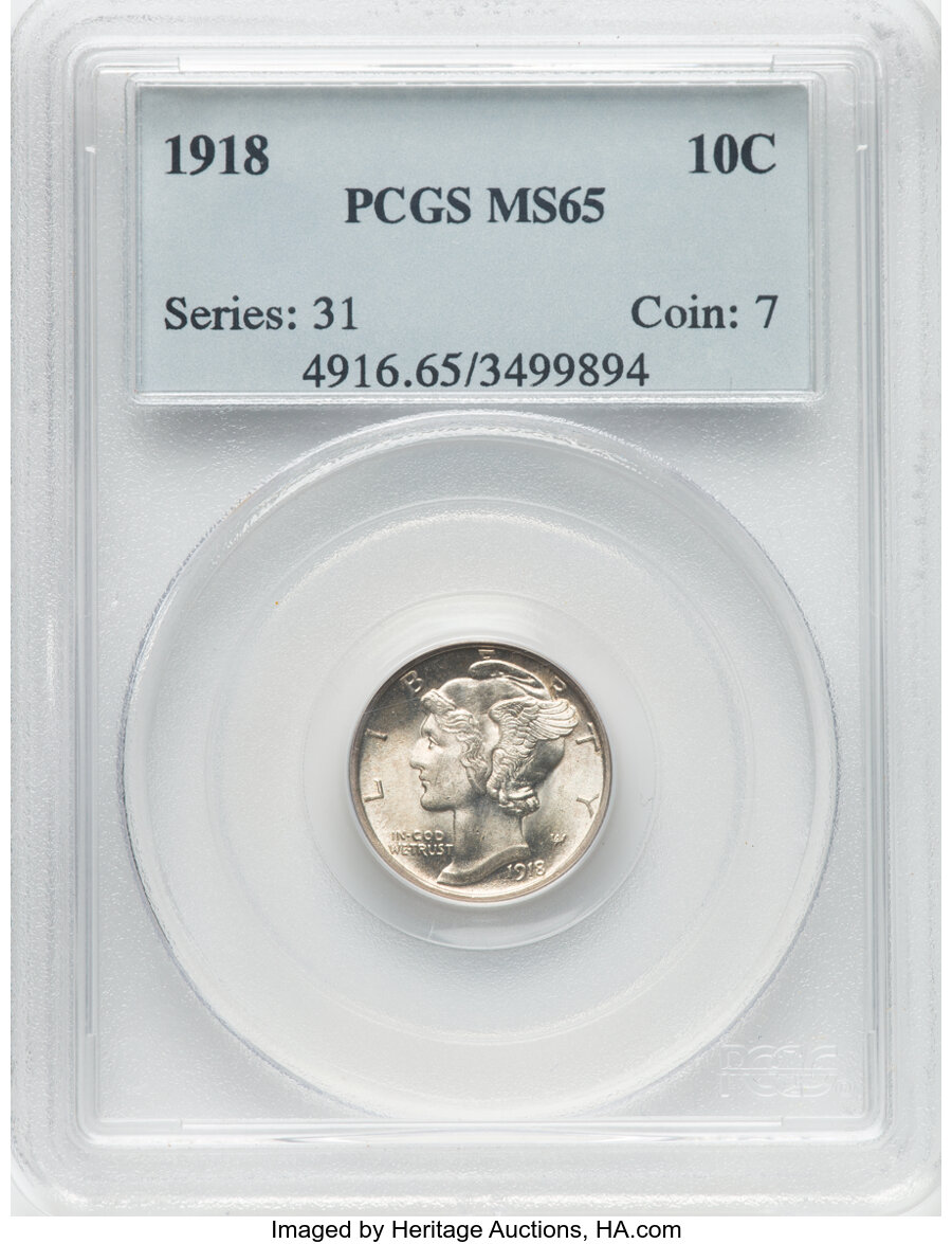 1918 10C MS65 PCGS. PCGS Population: (18/4). NGC Census: (21/3). CDN: $360 Whsle. Bid for NGC/PCGS MS65. Mintage 26,680,000...