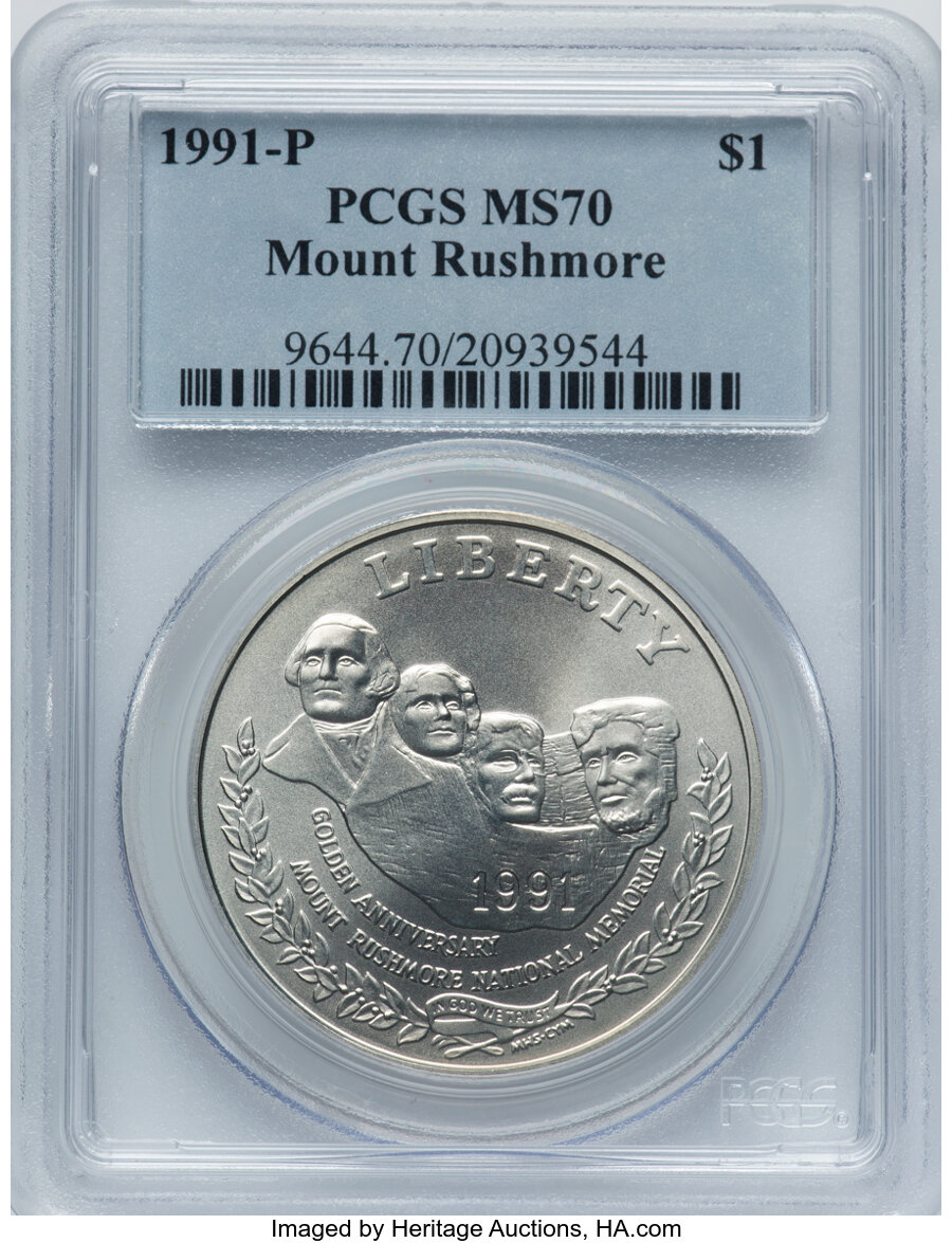 1991 P Mount Rushmore Golden Anniversary Silver dollar MS Values