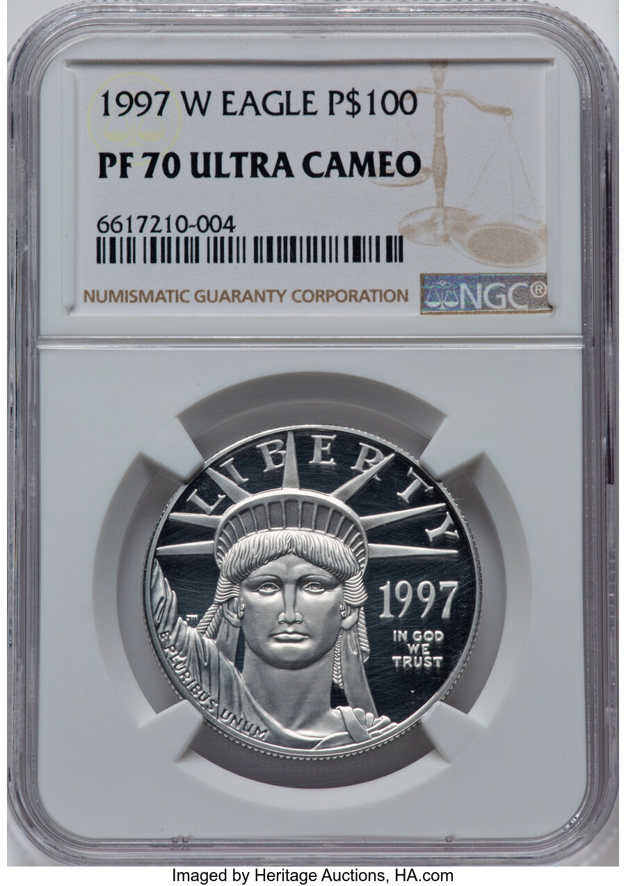 1997-W $100 One-Ounce Platinum Eagle, Statue of Liberty PR70 Ultra Cameo NGC. NGC Census: (934). PCGS Population: (137). CD...
