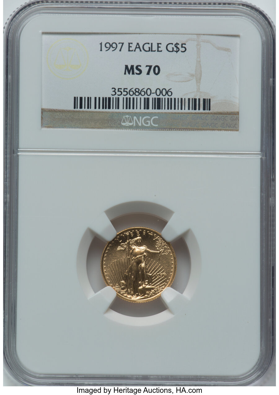1997 $5 Tenth-Ounce Gold Eagle MS70 NGC. NGC Census: (980). PCGS Population: (144). CDN: $300 Whsle. Bid for NGC/PCGS MS70....