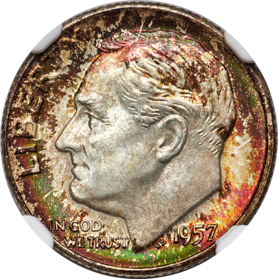 1957-D 10C MS67 Full Bands NGC. NGC Census: (97/3). PCGS Population: (49/2). CDN: $115 Whsle. Bid for NGC/PCGS MS67. Mintag...