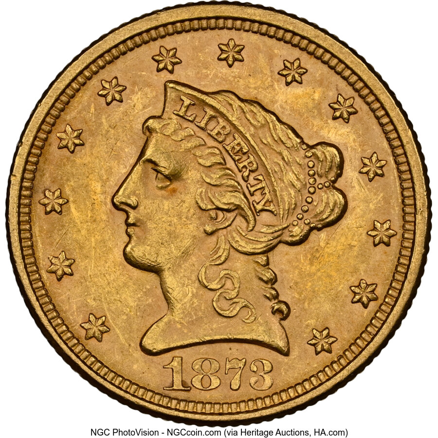 1873 $2 1/2 Closed 3 MS62 NGC. NGC Census: (162/105). PCGS Population: (94/154). CDN: $660 Whsle. Bid for NGC/PCGS MS62. Mi...
