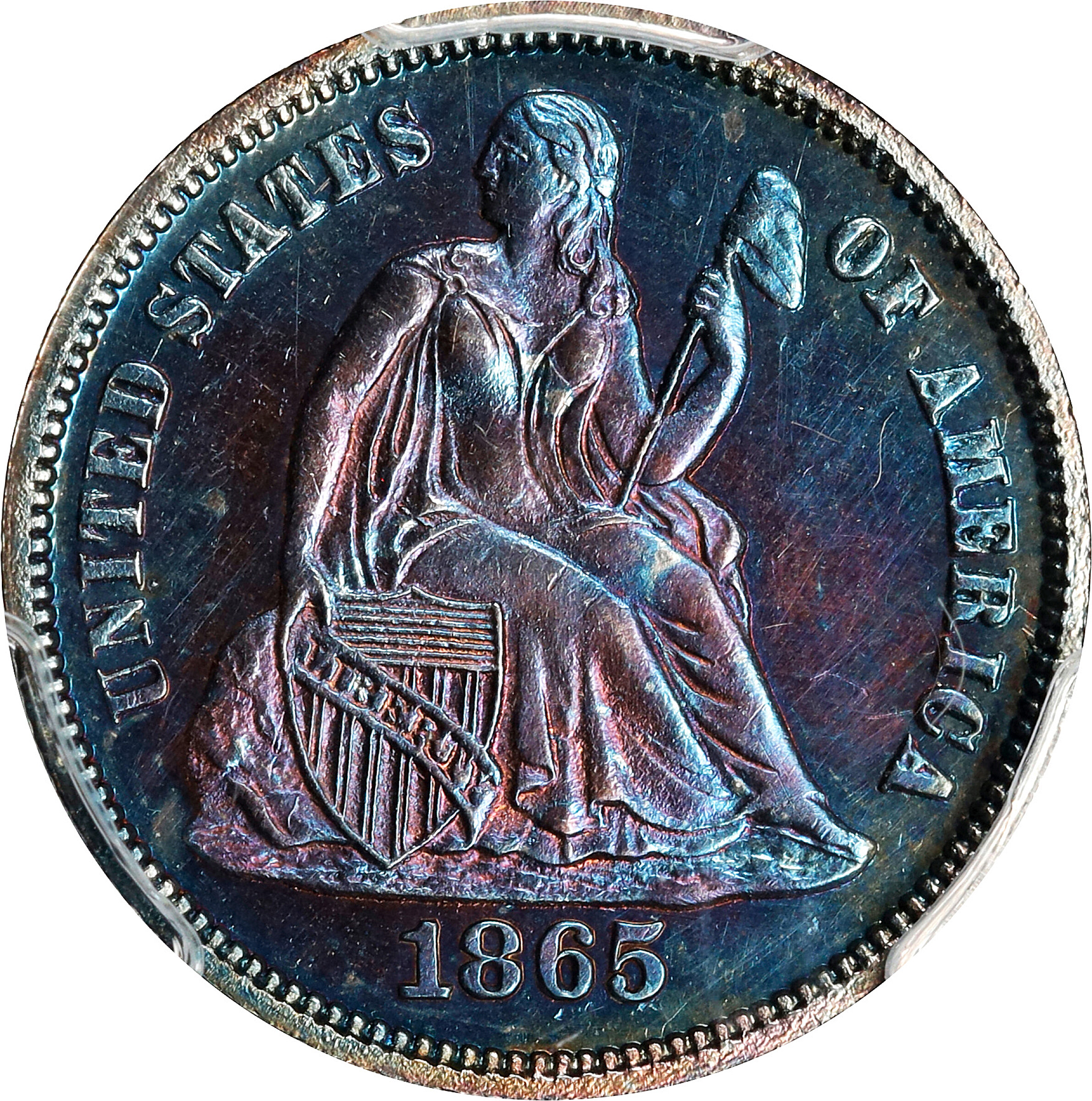 1865 Liberty Seated Dime. Proof. Unc Details--Questionable Color (PCGS).