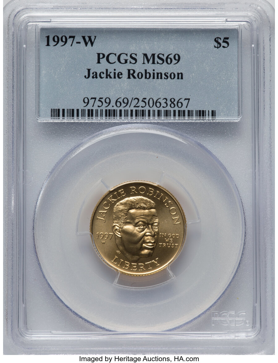 1997-W $5 Jackie Robinson Gold Five Dollar MS69 PCGS. PCGS Population: (1030/97). NGC Census: (618/326). CDN: $650 Whsle. B...