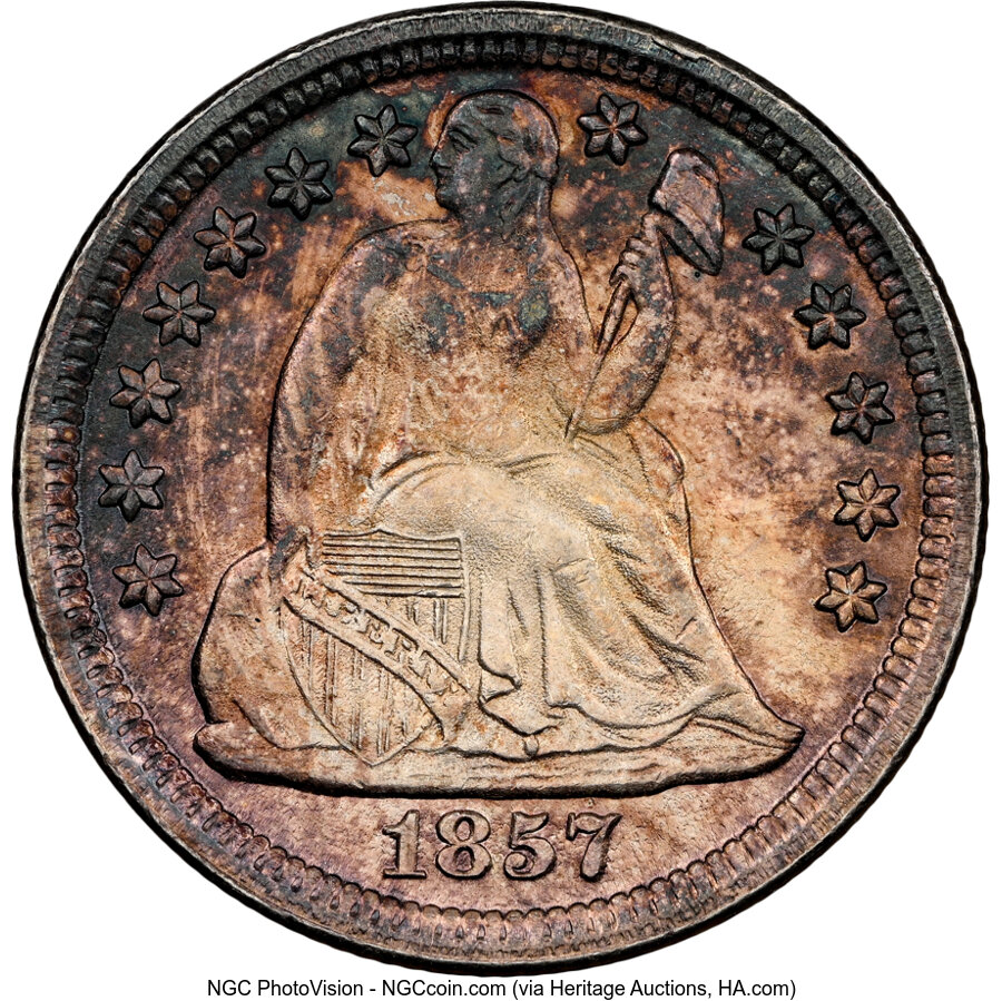 1857 10C MS66 NGC. NGC Census: (13/1). PCGS Population: (9/1). CDN: $2,400 Whsle. Bid for NGC/PCGS MS66. Mintage 5,580,000....