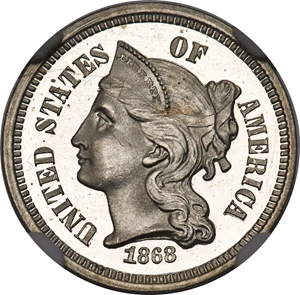 image for: 1868 3CN PR67 Ultra Cameo NGC. JD-1, High R.2....