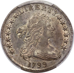 image for: 1799 $1 7x6 Stars, B-21, BB-169, R.3, AU53 PCGS. CAC....