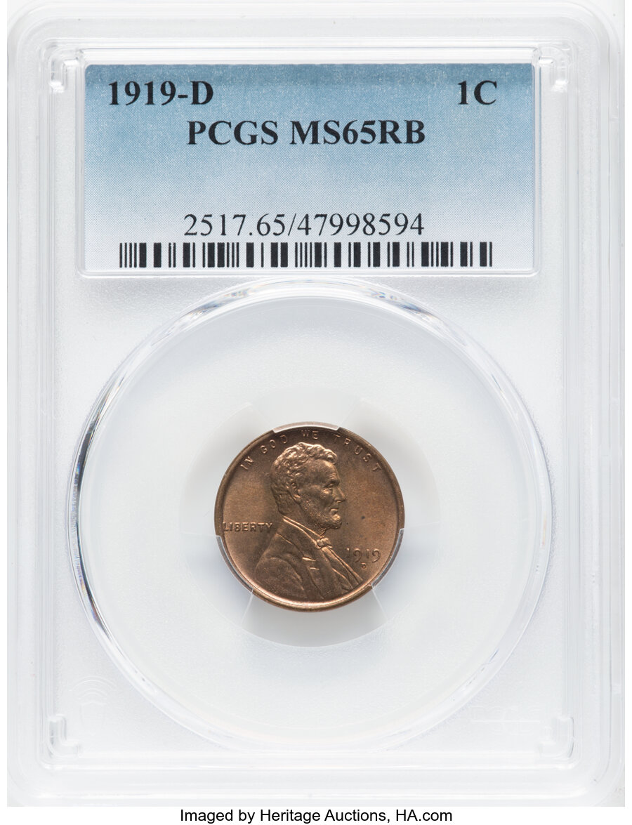 1919-D 1C MS65 Red and Brown PCGS. PCGS Population: (53/6). NGC Census: (37/5). CDN: $775 Whsle. Bid for NGC/PCGS MS65. Min...