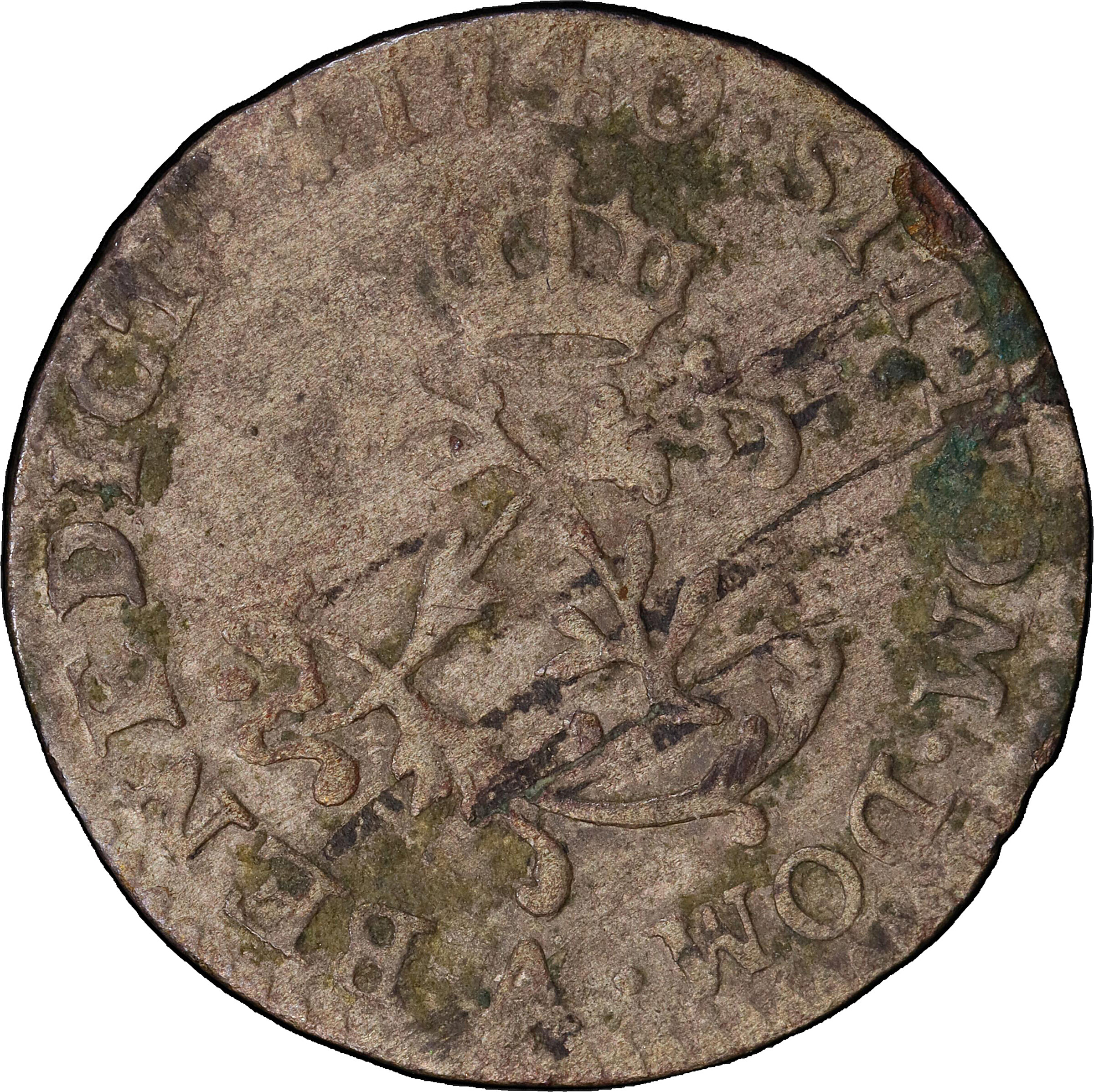 1740-A Half Sou Marque. Paris Mint. Vlack-295, var. Second Semester. VF Details--Environmental Damage (PCGS).
