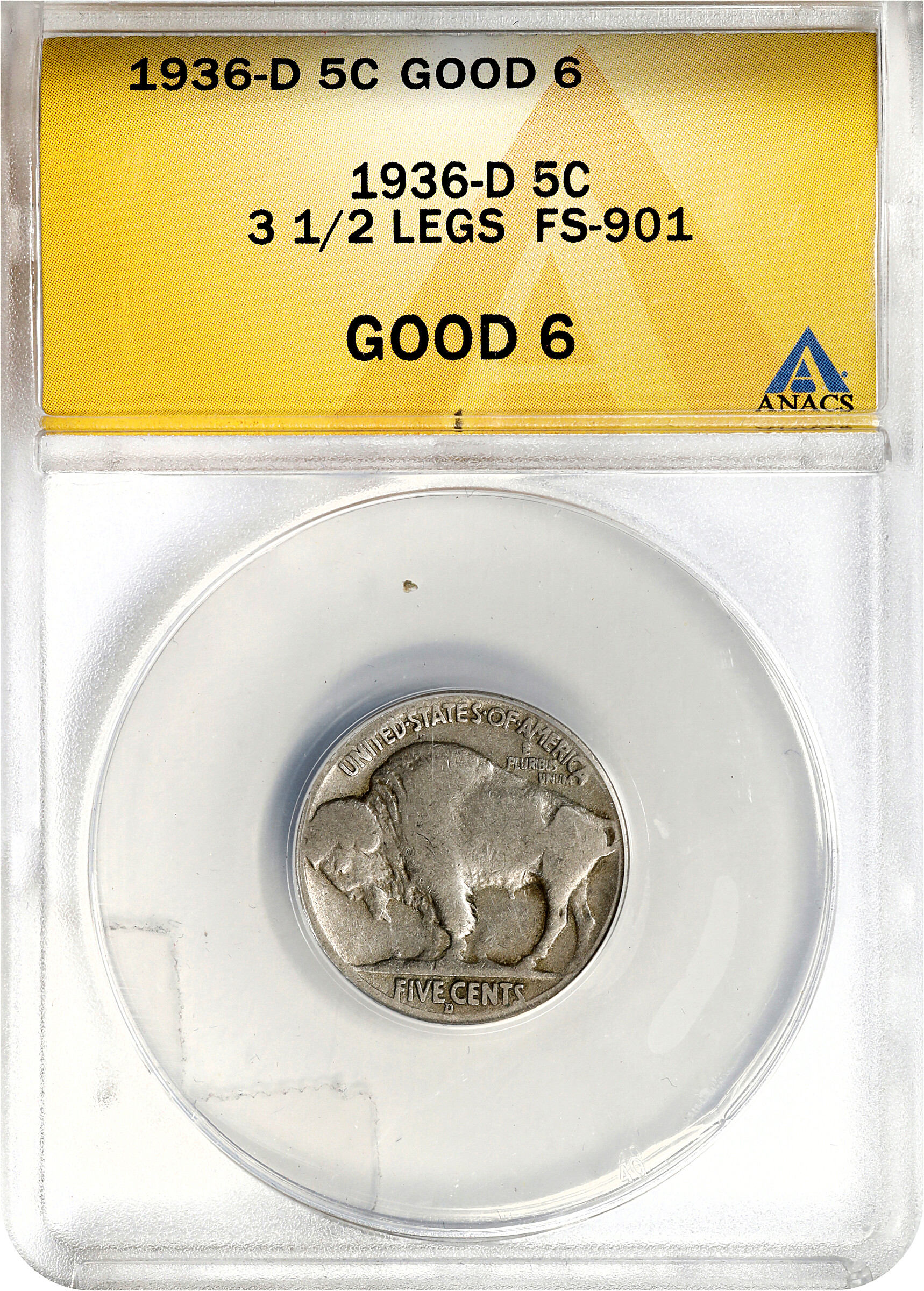 1936-D 5c 3 1/2 Legs AG3 thumbnail 3