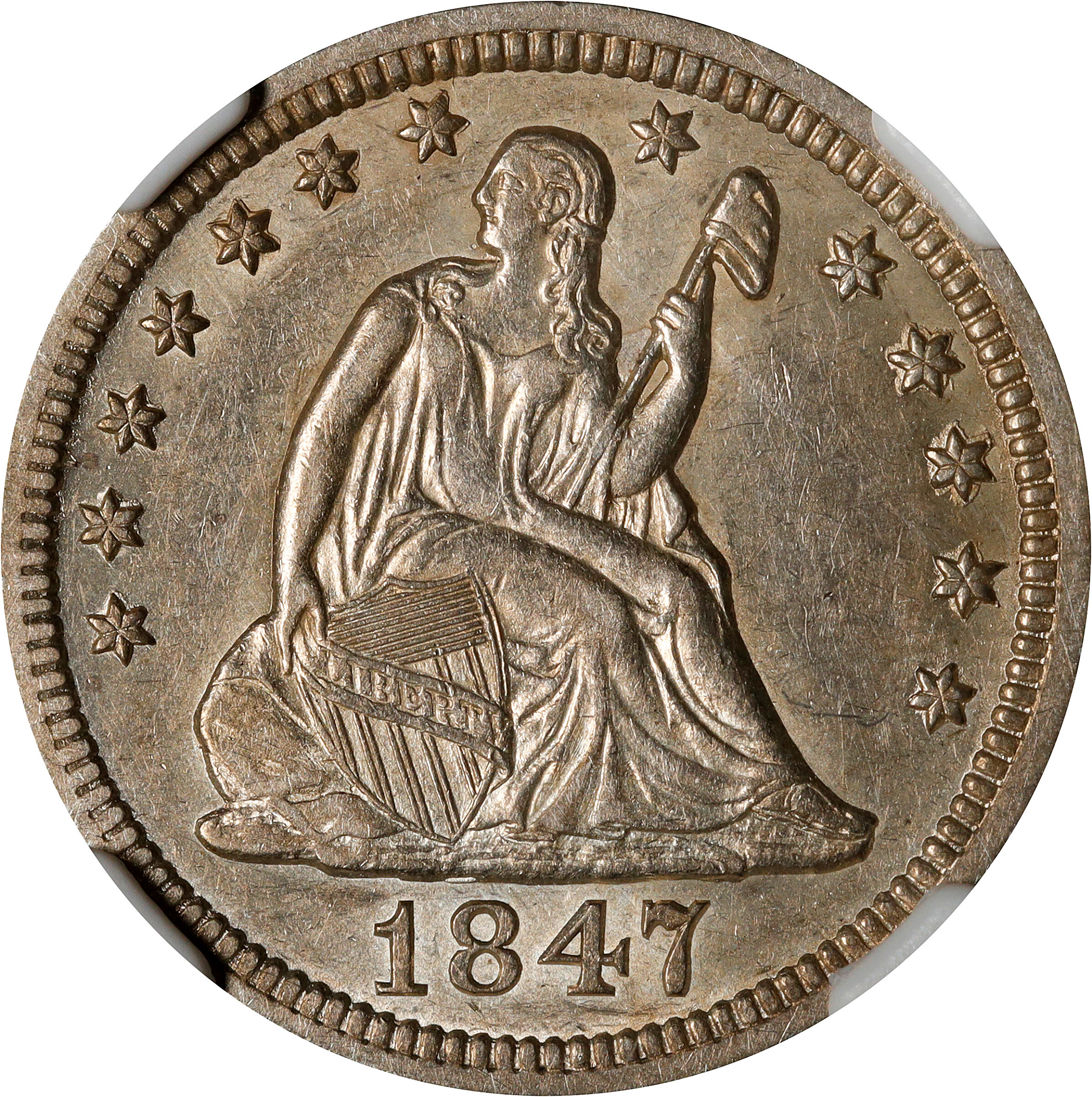 1847 Liberty Seated Quarter. AU-55 (NGC).