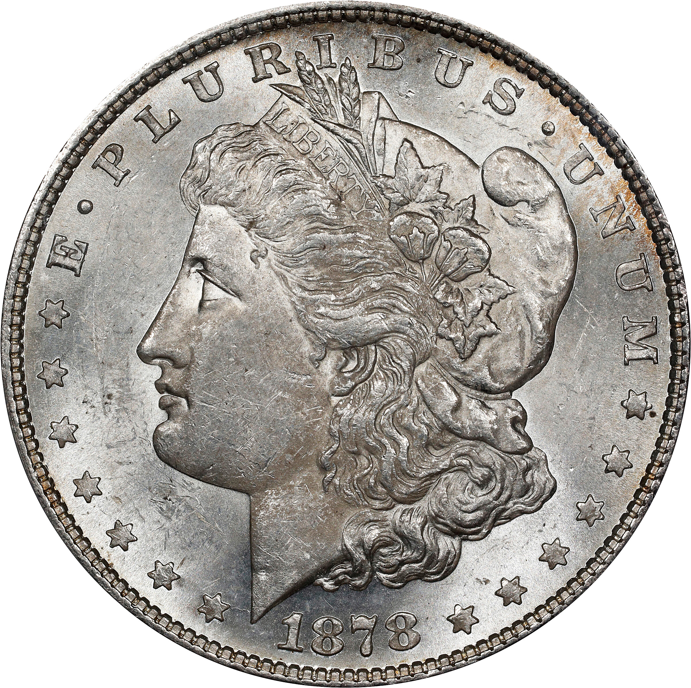 1878 Morgan Silver Dollar. 8 Tailfeathers. VAM-2. Lines in LIB. MS-62 (PCGS).