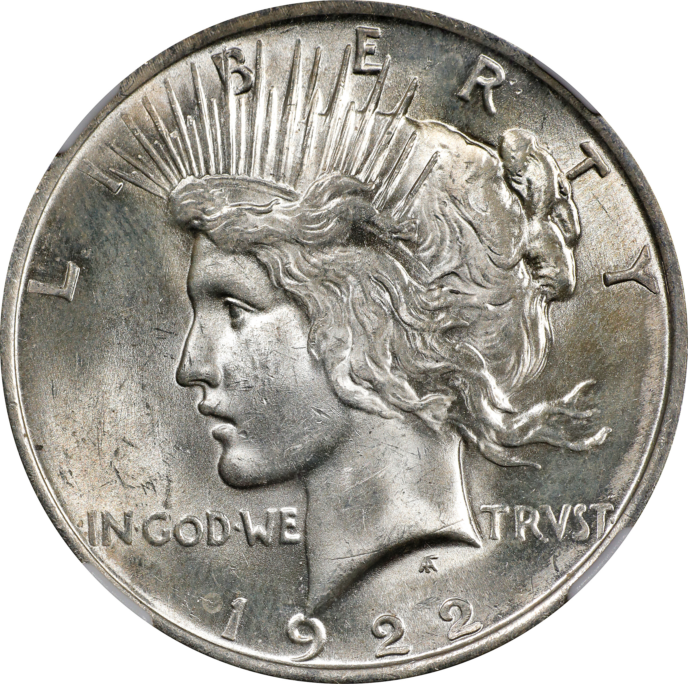 1922 Peace Silver Dollar. VAM-7A. Top 50 Variety. Doubled Die Reverse, Doubled Wing. MS-63 (NGC). Wayne Miller Signature.