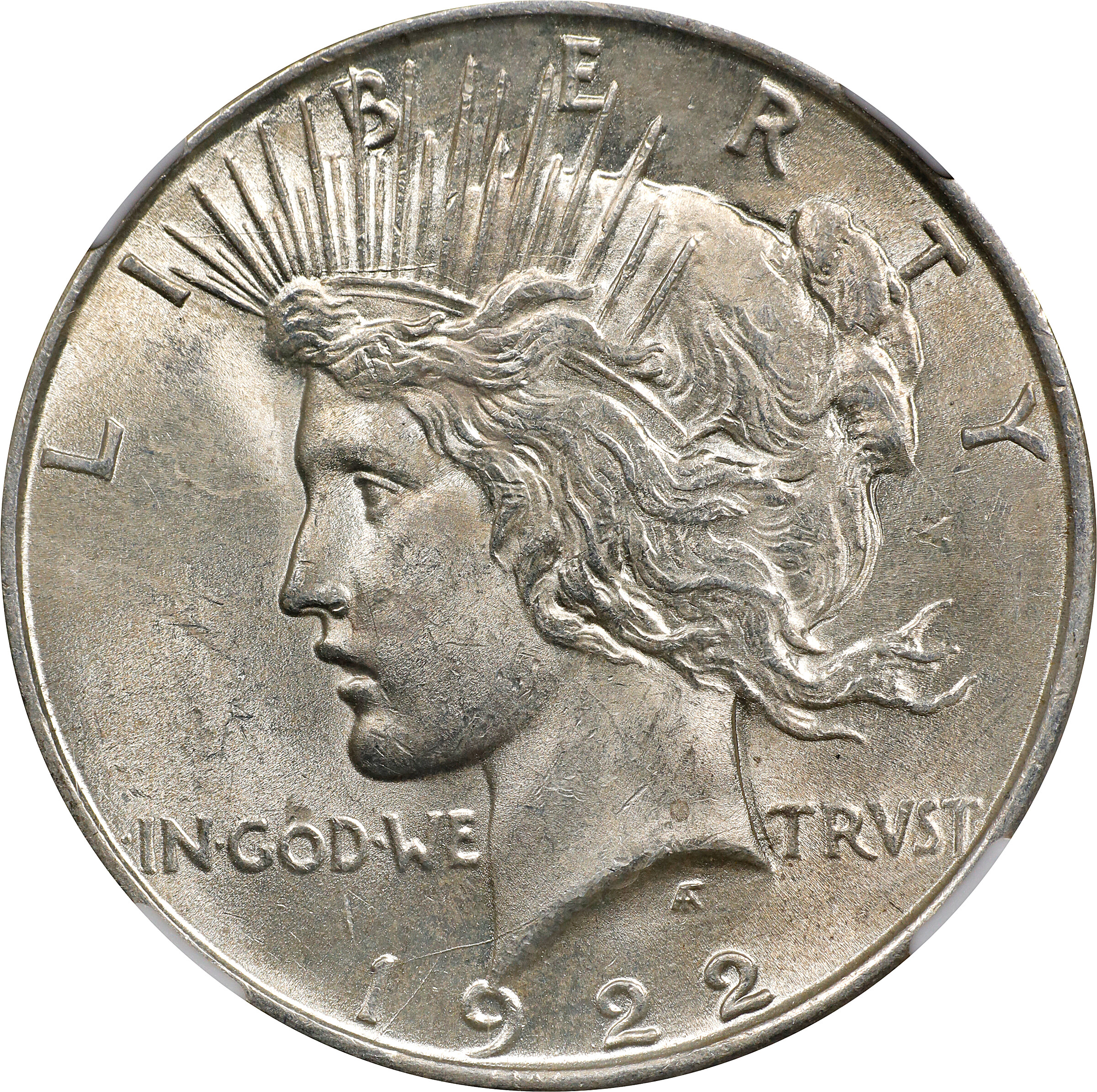 1922 Peace Silver Dollar. VAM-1A. Top 50 Variety. Line in Tiara. MS-62 (NGC). Wayne Miller Signature.