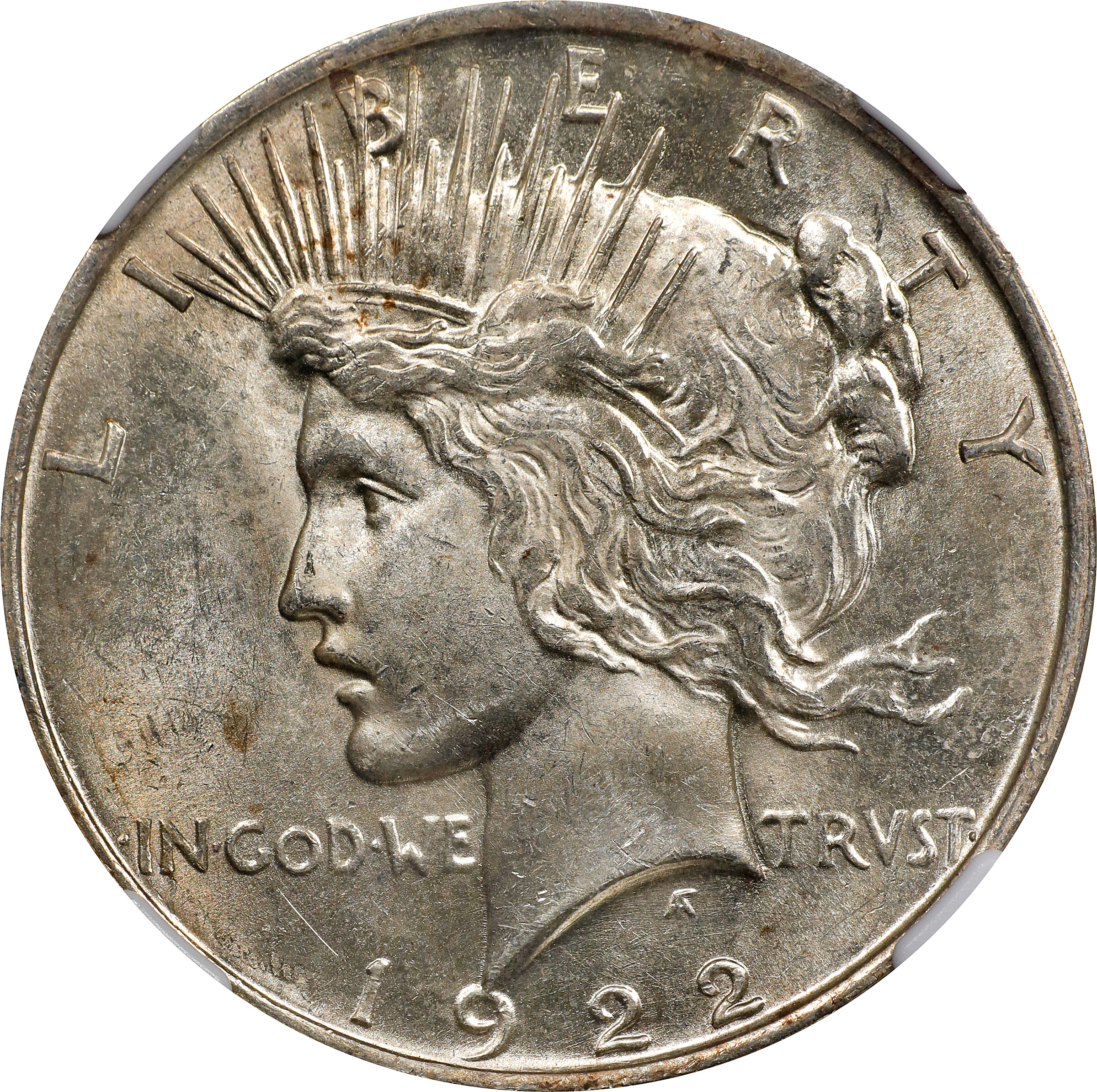 1922 Peace Silver Dollar. VAM 5-1. Top 50 Variety. Tripled Die Reverse, Tripled Leaves. MS-62 (NGC). Wayne Miller Signature.