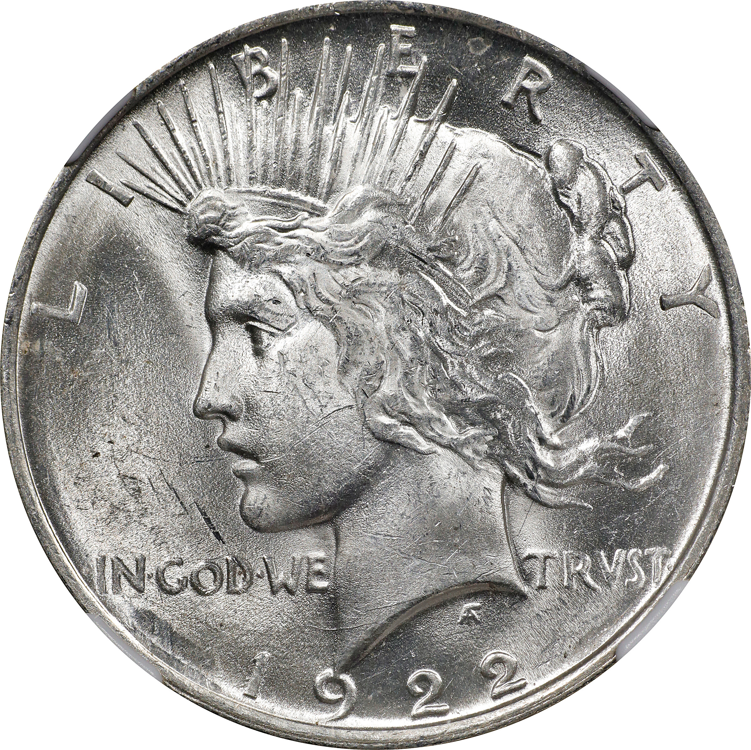 1922 Peace Silver Dollar. VAM-6. Top 50 Variety. Doubled Die Reverse, Doubled Leaves. MS-62 (NGC). Wayne Miller Signature.