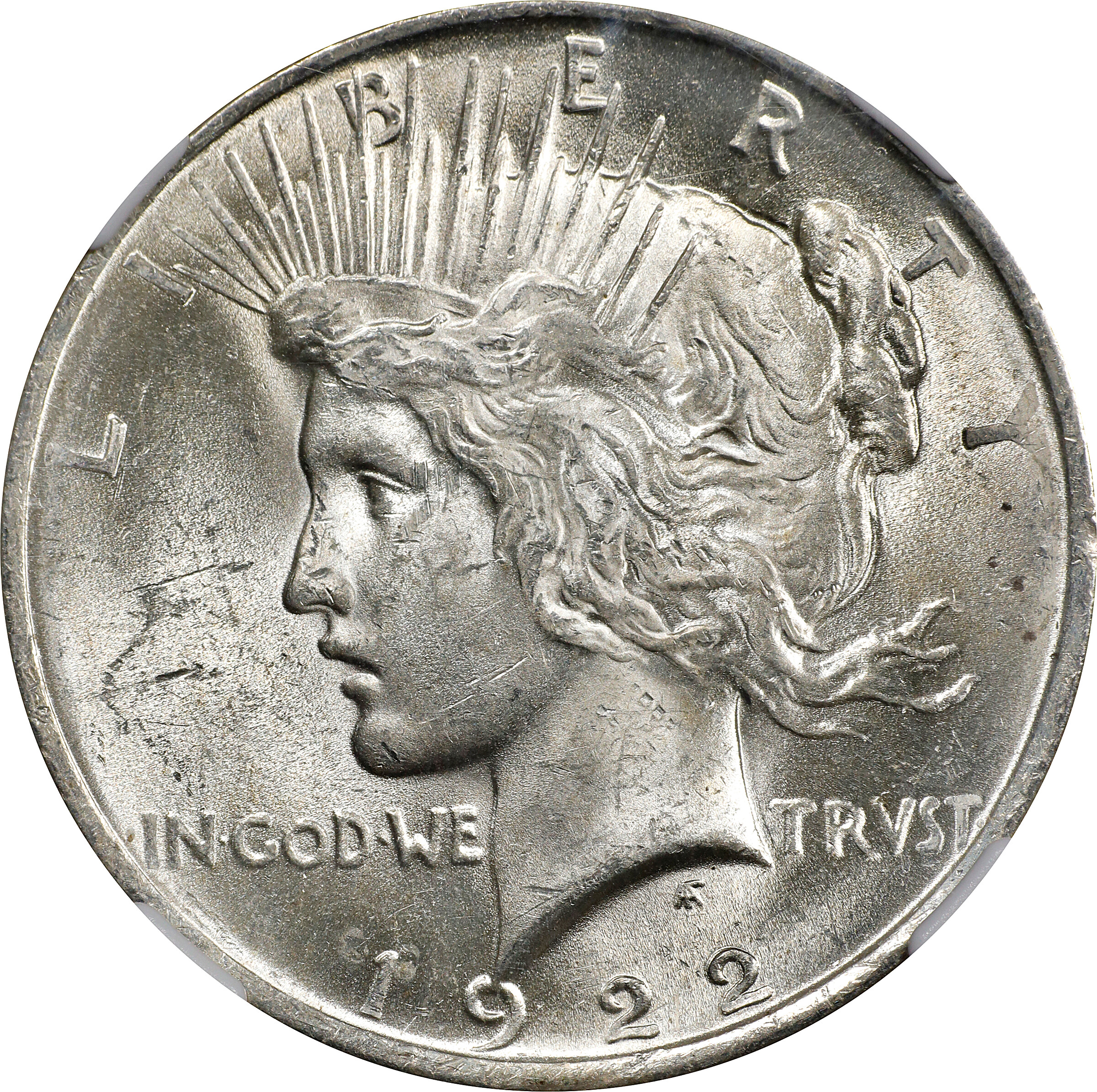 1922 Peace Silver Dollar. VAM-6A. Top 50 Variety. Doubled Die Reverse, Doubled Leaves & Crack. MS-62 (NGC). Wayne Miller Signature.
