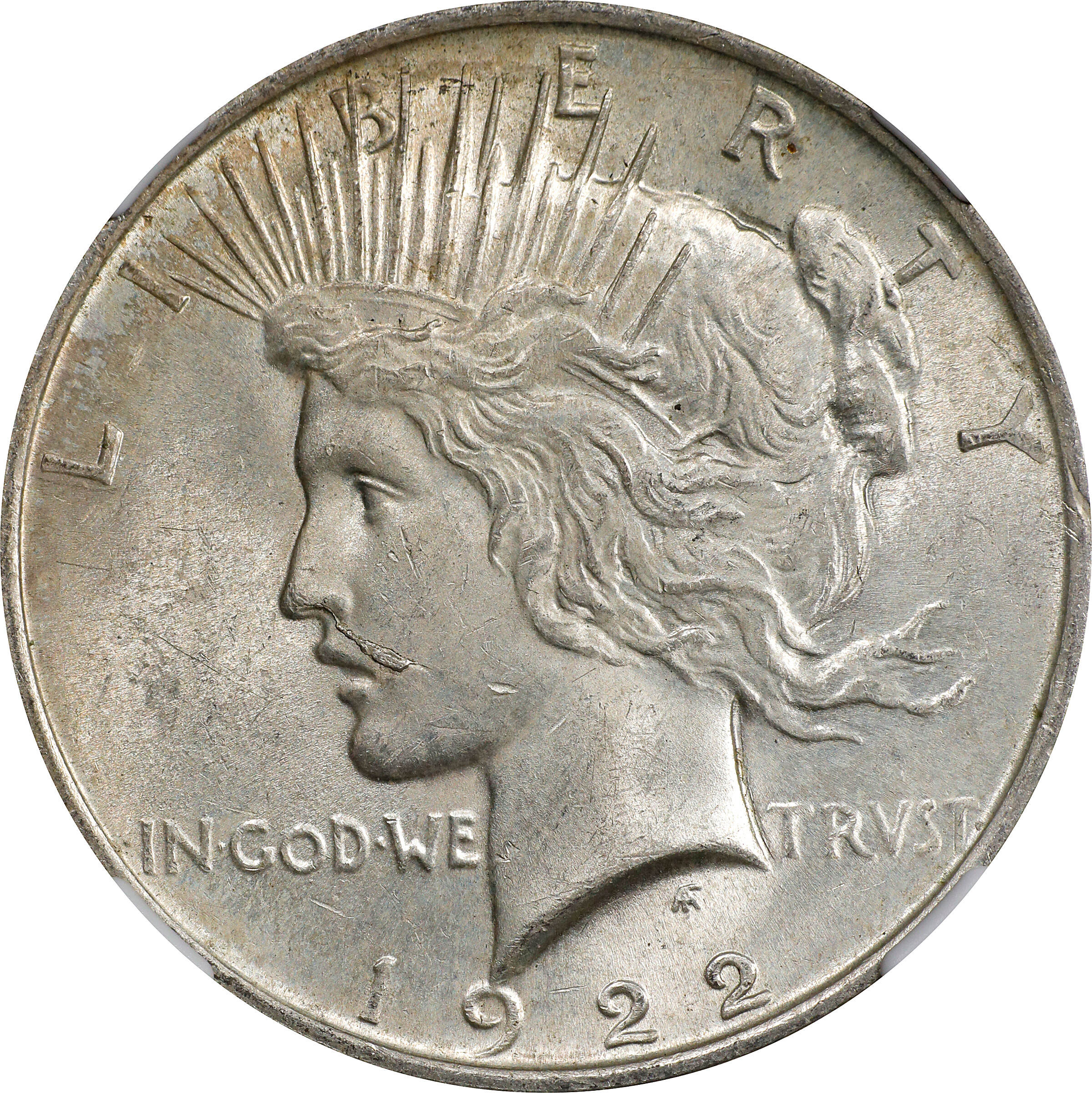1922 Peace Silver Dollar. VAM-12A. Top 50 Variety. Moustache. MS-62 (NGC).
