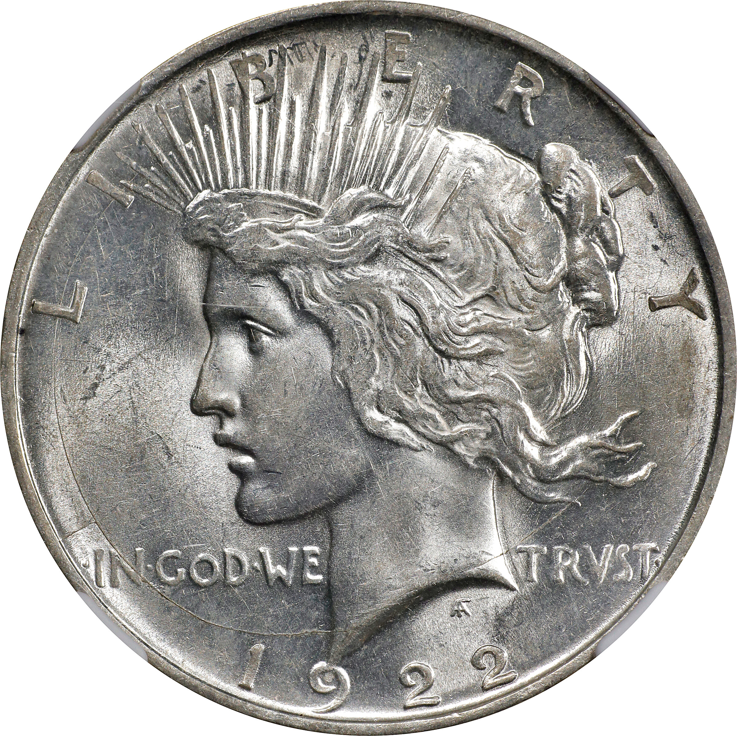 1922-D Peace Silver Dollar. VAM-3A. Top 50 Variety. Doubled Die Reverse, Doubled Leaves & Crack. AU-58 (NGC).